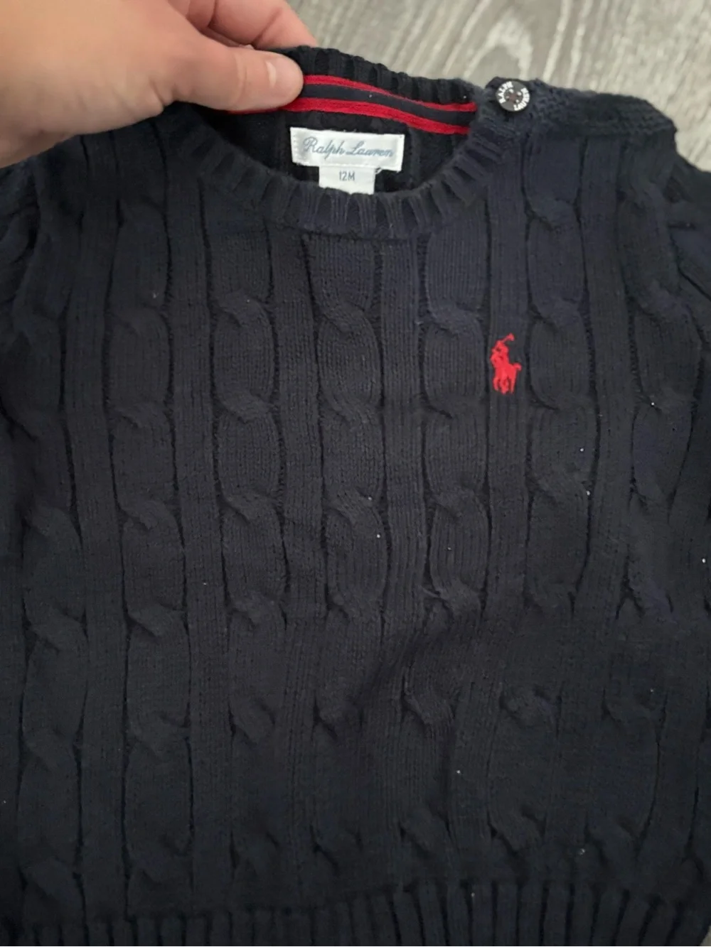 Ralph Lauren Black Cable-Knit Crewneck Sweater with Red Pony